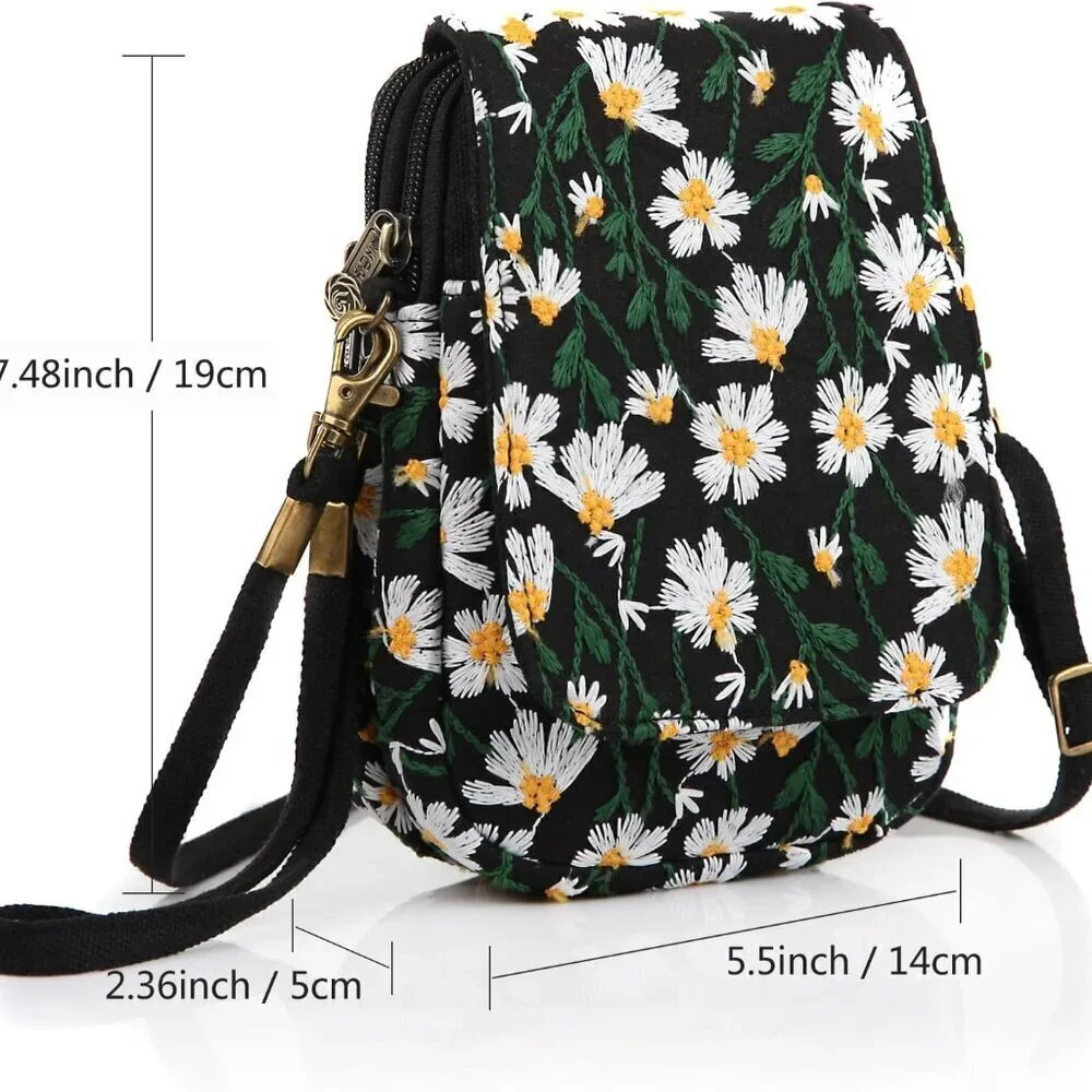 Embroidered Canvas Mini Crossbody Bag for Women Small Wallet Pouch Travel
